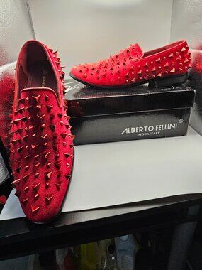 Alberto Fellini “Sparko 09” Red Spiked Loafers, Tuxedo Slip‑On, Mens Size 10